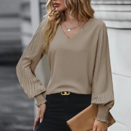 Tops for Women Dressy Casual Ruffle Cuff Pleated Long Sleeve V-Neck Shirt Fall Streetwear